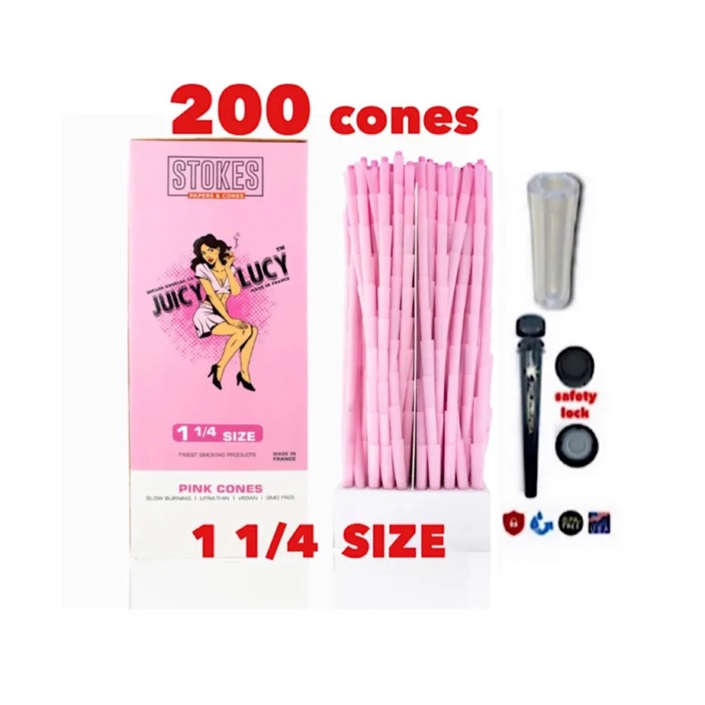 JUICY LUCY PINK pre-rolled cone 1 1/4size 200 cones + tube+glass tip